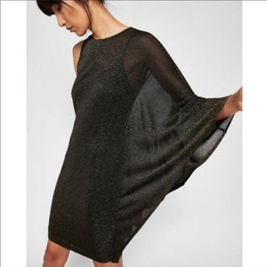 TED Baker black gold shimmer one shoulder dress